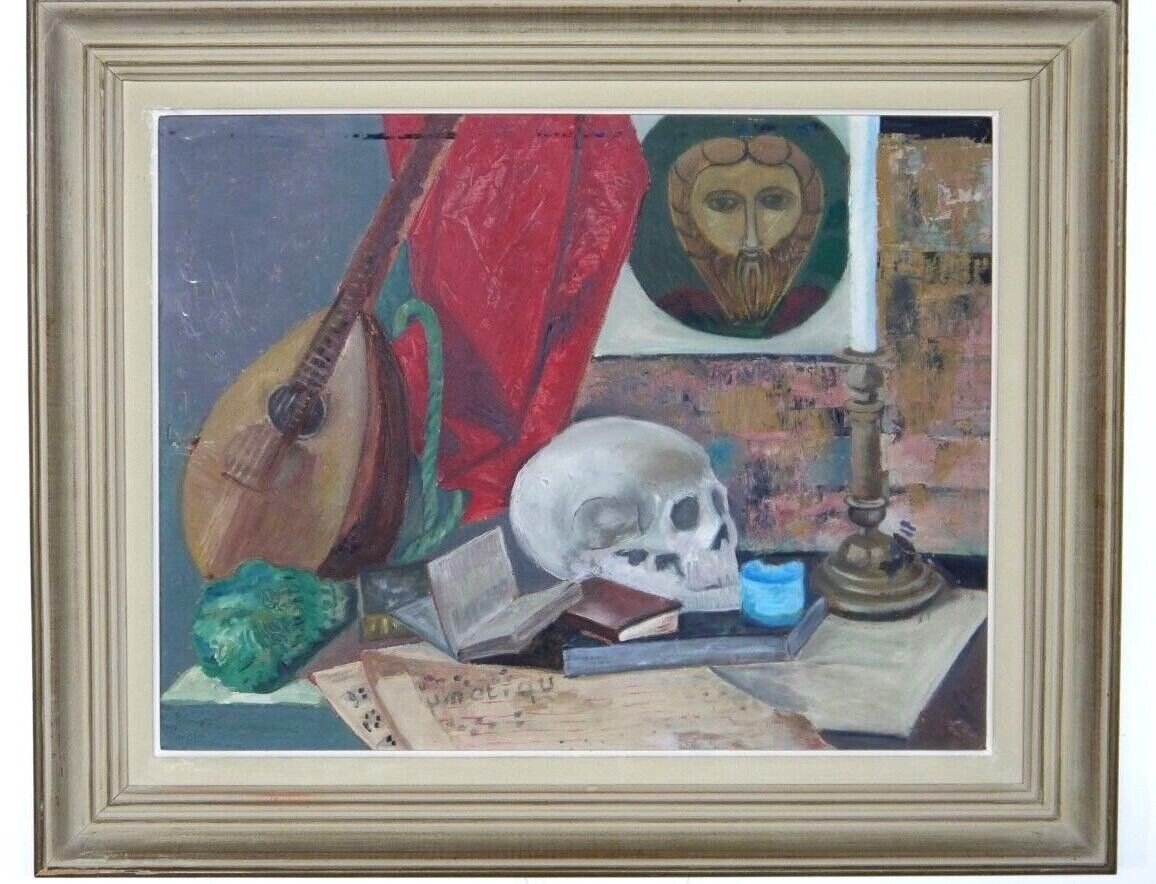 Oil On Cardboard Still Life With Mandolin With Skull 