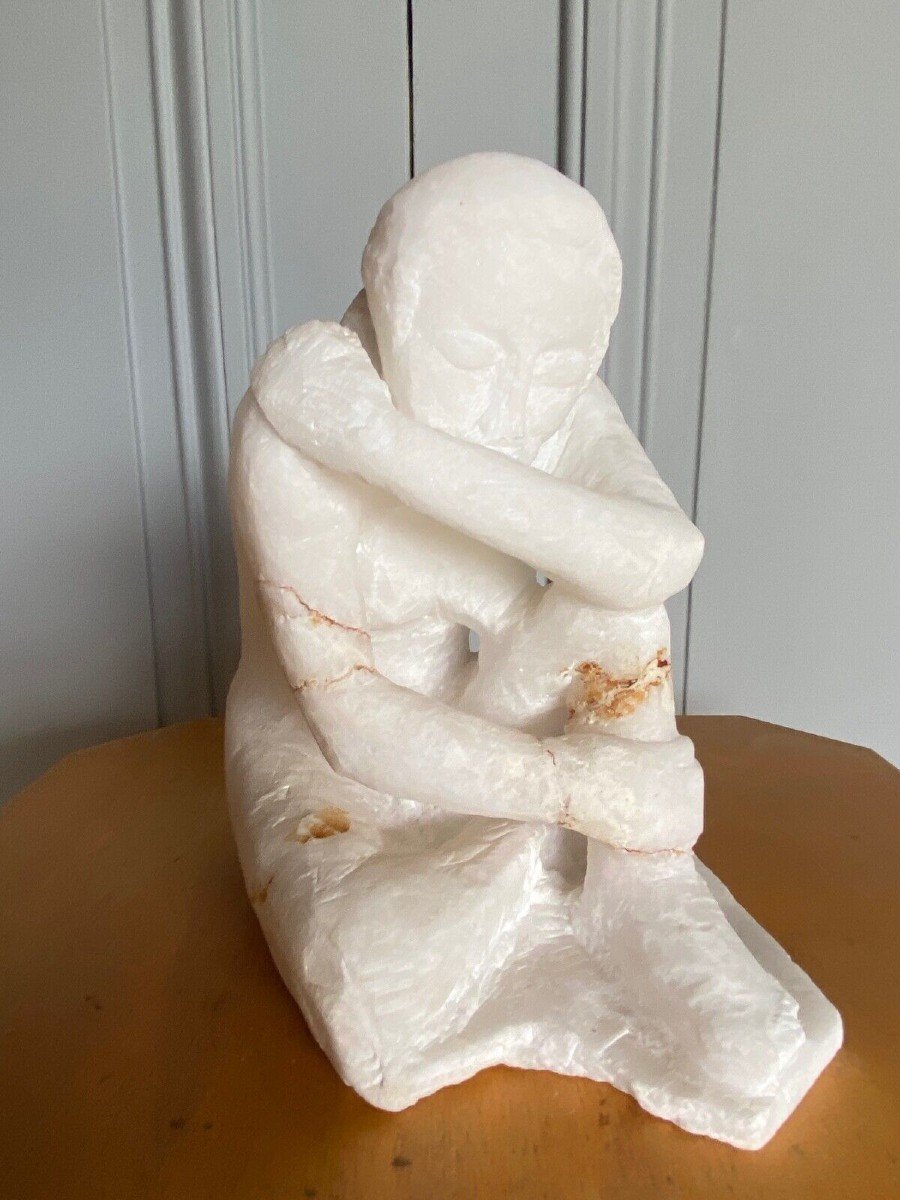 Direct Carving Sculpture In Onyx Stone Kneeling Woman 20th Century M723-photo-2