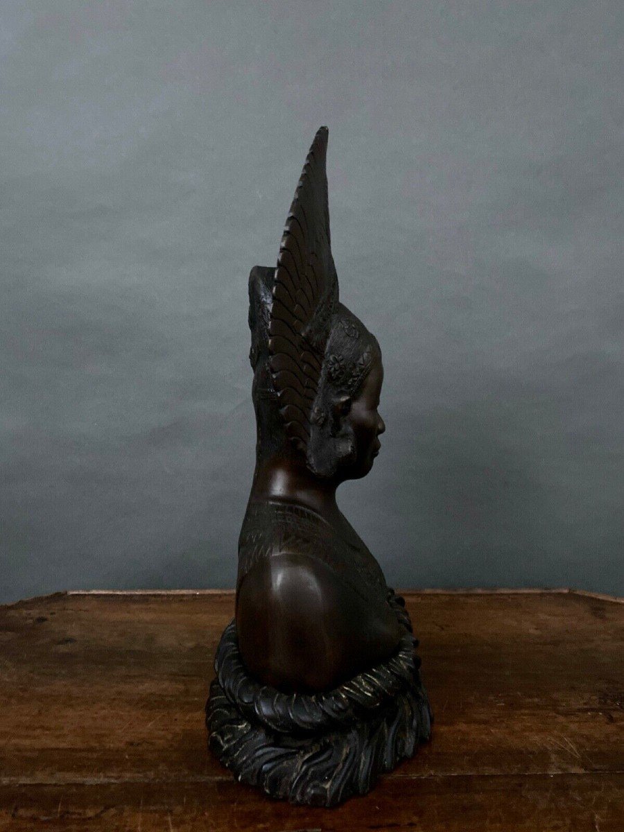 Bust Of Balinese Indochinese Dancer Crowned Peacock Wheel Bronze-photo-2