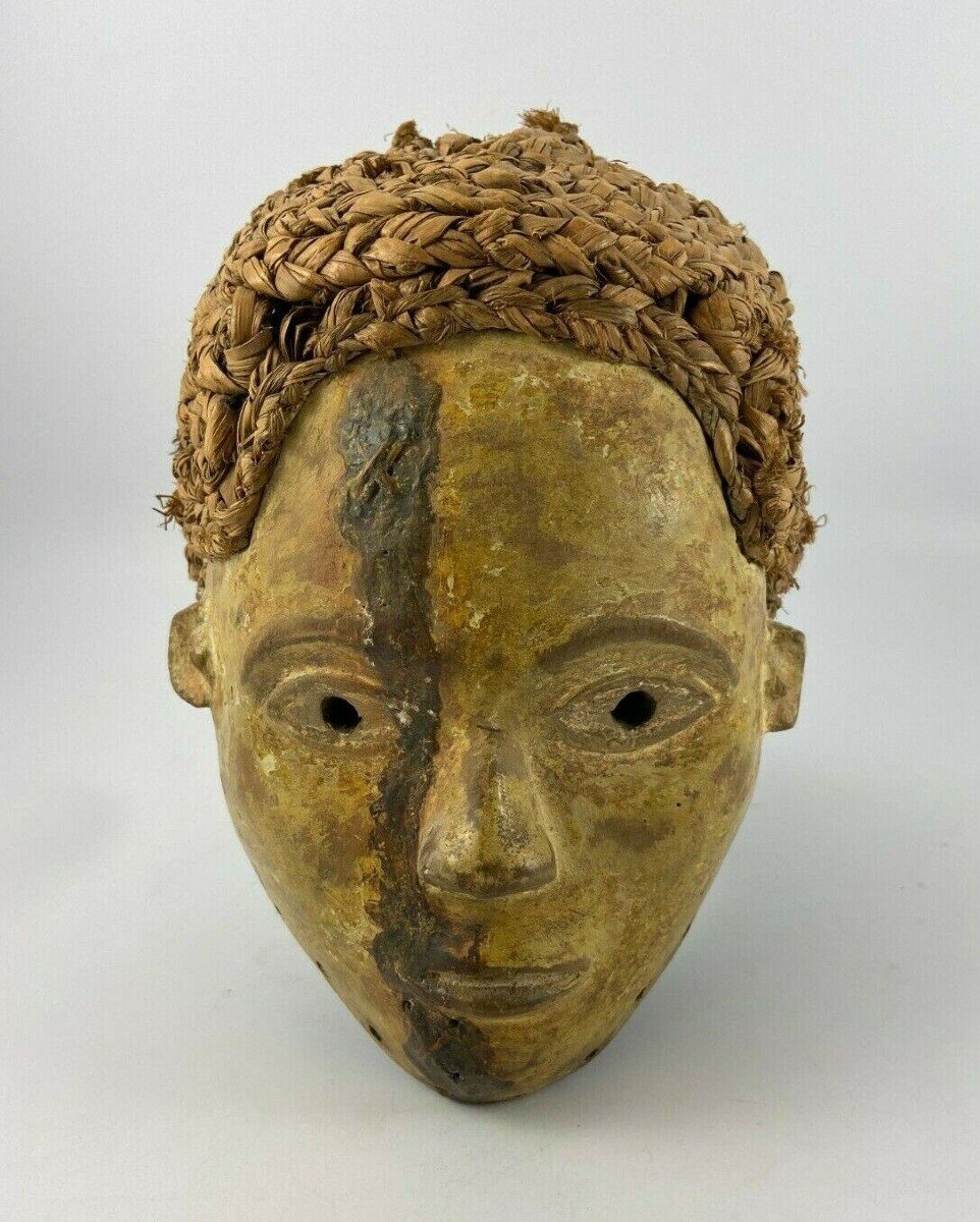 Masque en bois sculpté et osier tressé 1930 Afrique belle patine-photo-2