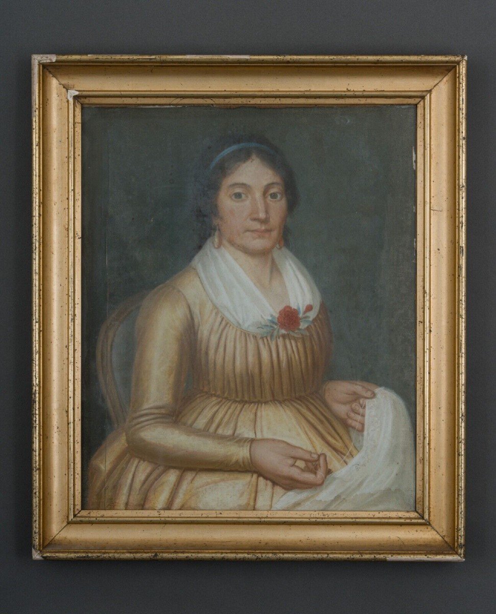 Pastel On Canvas Portrait Early 19th Century Woman Sitting On An Armchair H462