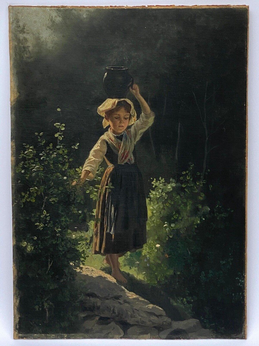 Oil On Cardboard Young Girl With A Pitcher Late 19th Century Undergrowth Barbizon-photo-2