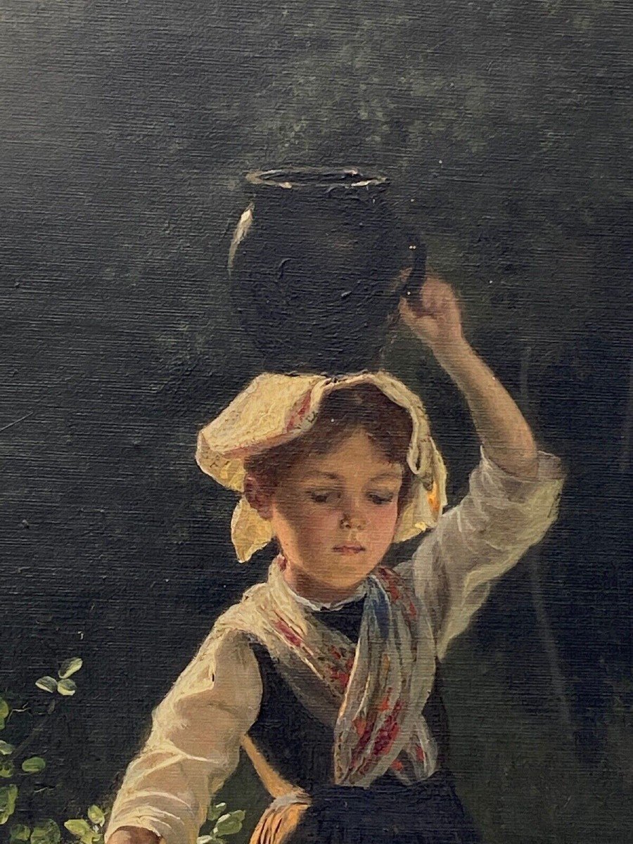 Oil On Cardboard Young Girl With A Pitcher Late 19th Century Undergrowth Barbizon-photo-1