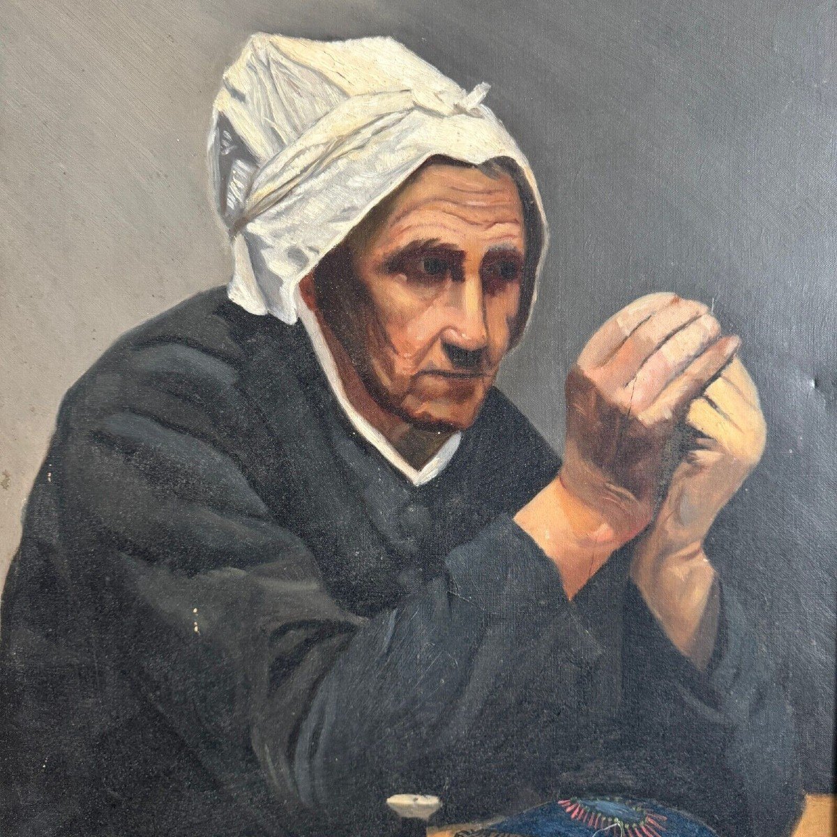 Oil On Canvas By M. Dorion 1893 Portrait Of A Breton Woman At Work-photo-2