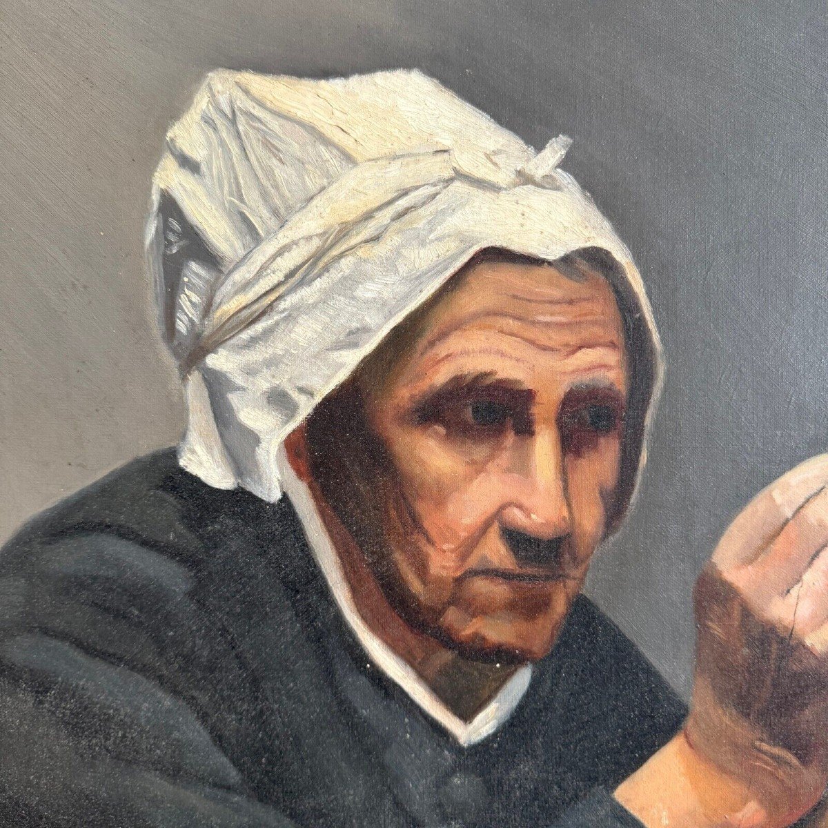 Oil On Canvas By M. Dorion 1893 Portrait Of A Breton Woman At Work-photo-3