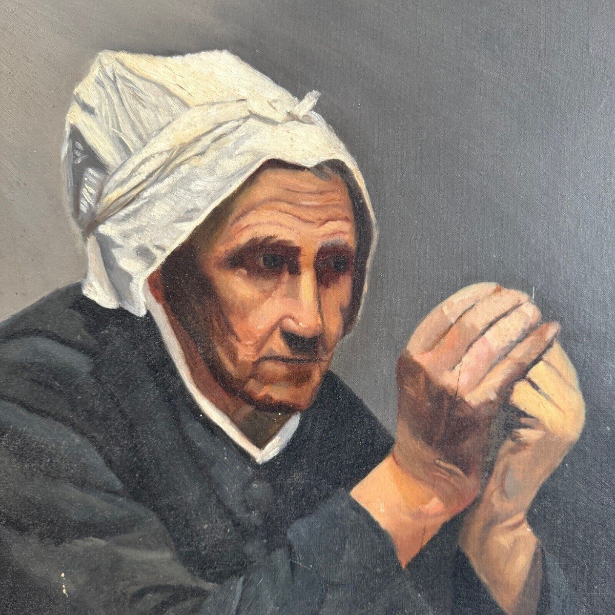 Oil On Canvas By M. Dorion 1893 Portrait Of A Breton Woman At Work-photo-4