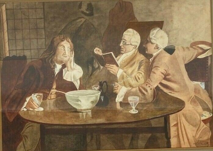 Watercolor By Leray Or Lerat Interior Of A Tavern Men Of The 18th Century -photo-2