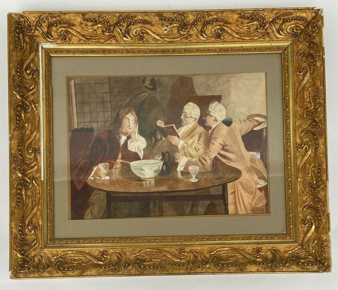 Watercolor By Leray Or Lerat Interior Of A Tavern Men Of The 18th Century 