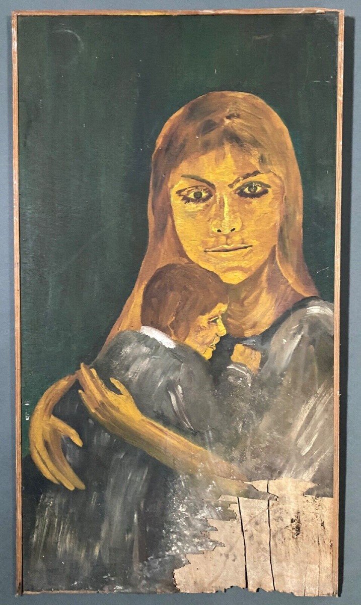 Huile sur panneau par Gauthier 1960 mère à l'enfant