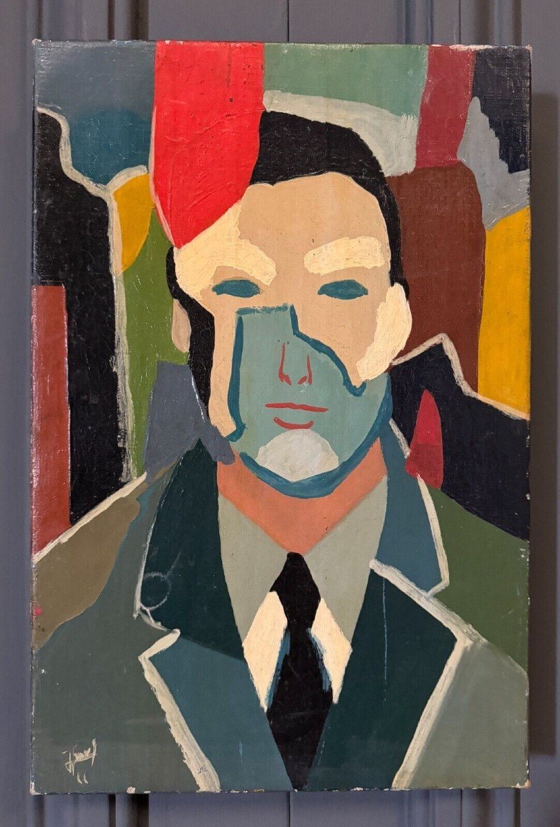 Oil On Canvas By Jower Modern Composition 1966 Man With Tie-photo-2