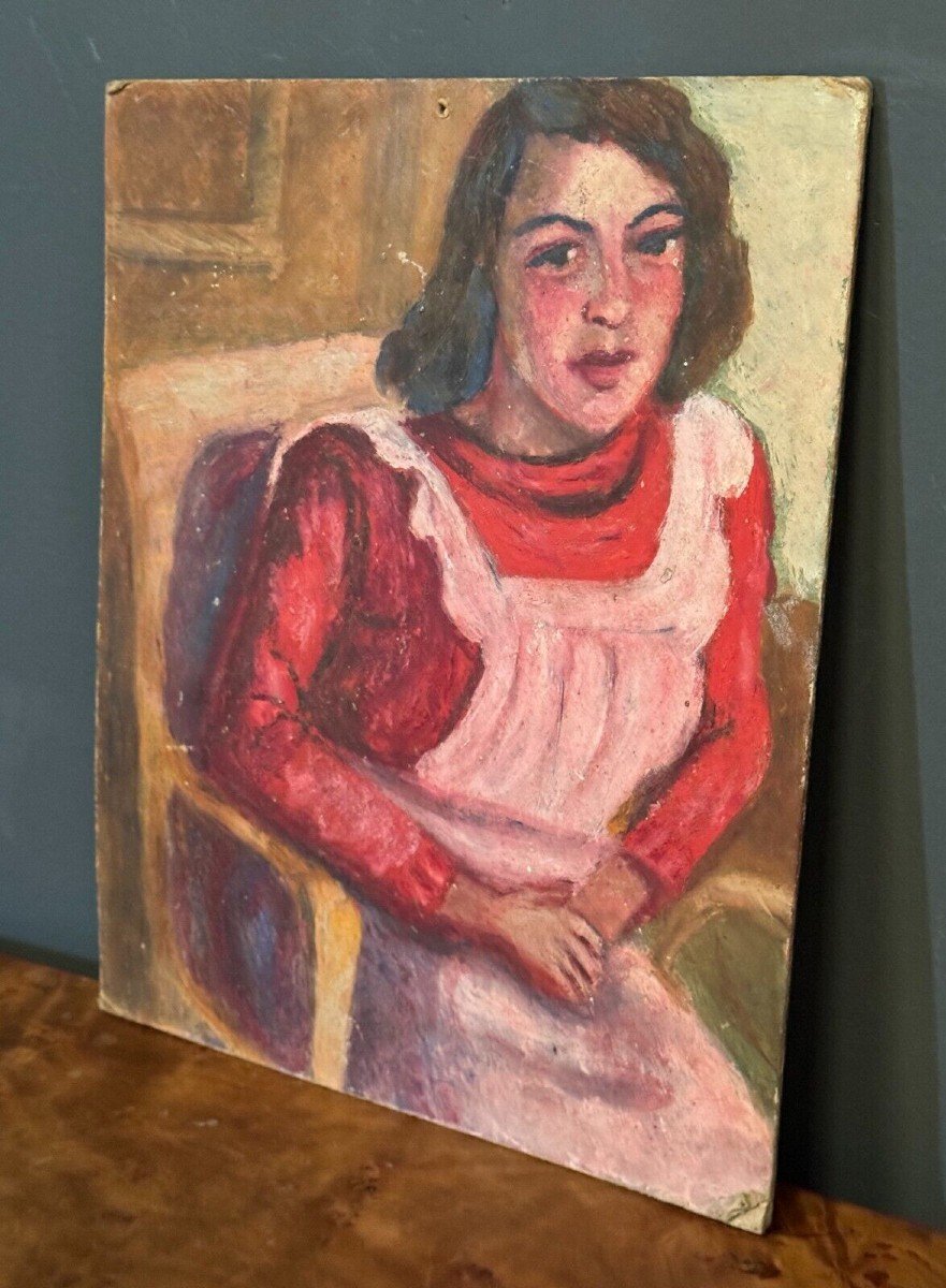 Huile sur panneau jeune fille au tablier rose 1940 Guillot de Raffaillac -photo-2