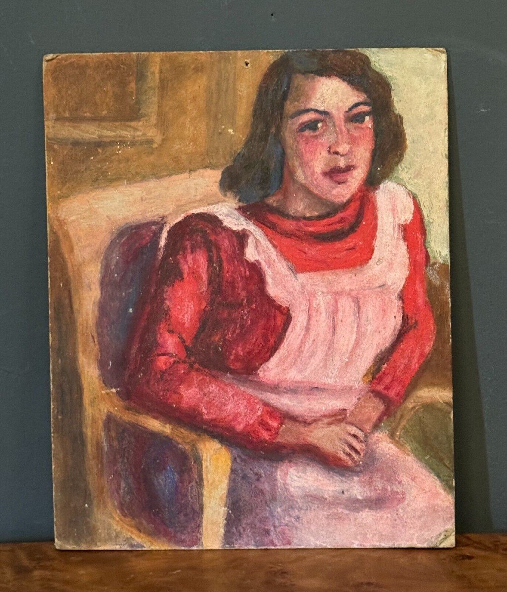 Huile sur panneau jeune fille au tablier rose 1940 Guillot de Raffaillac 