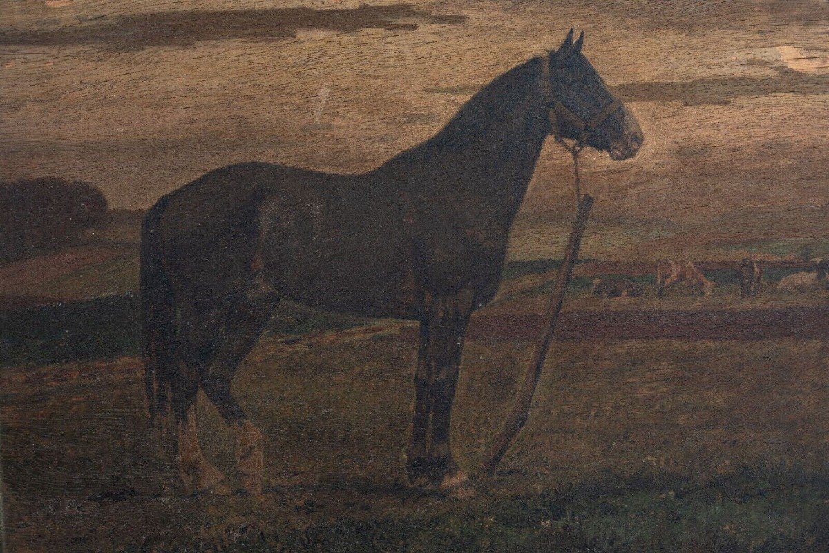 Huile sur panneau XIXe représentant un cheval-photo-4