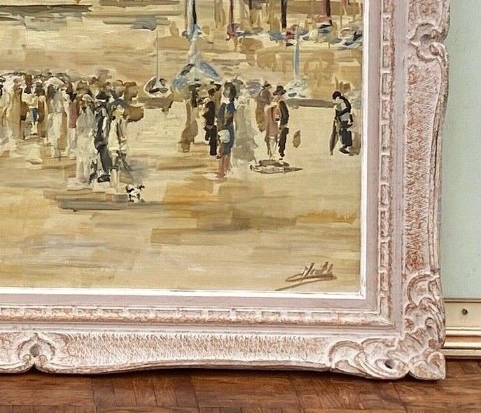 Oil On Canvas By Meutt Port Scene Characters 1940 Patinated Frame-photo-3