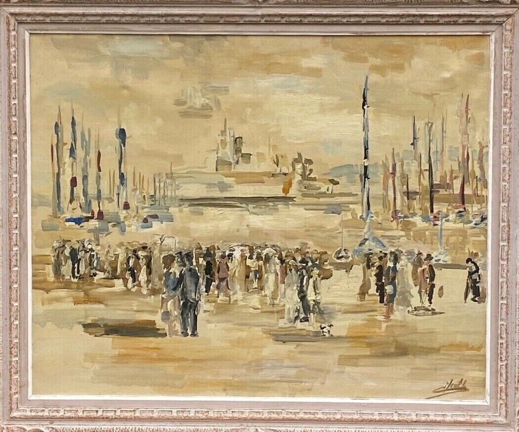 Oil On Canvas By Meutt Port Scene Characters 1940 Patinated Frame-photo-7