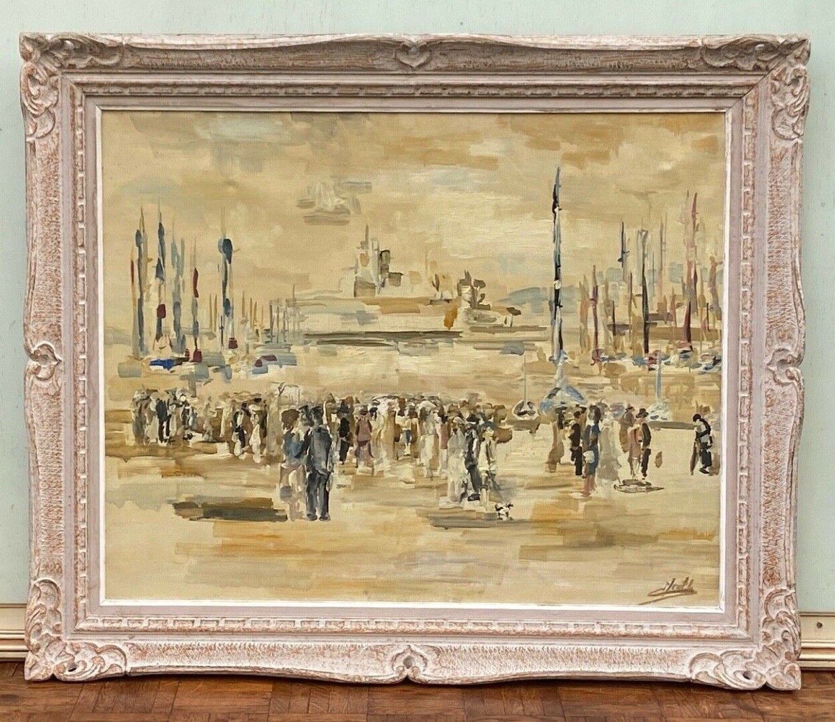 Oil On Canvas By Meutt Port Scene Characters 1940 Patinated Frame