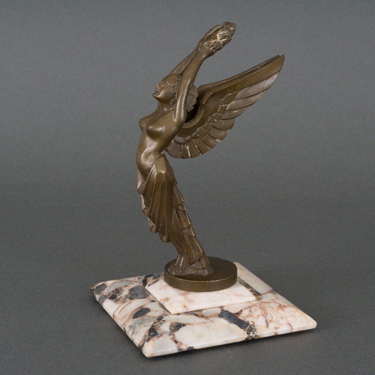 Mascotte La Gloire By H. Molins 1930 Bronze With Brown Patina Marble Base