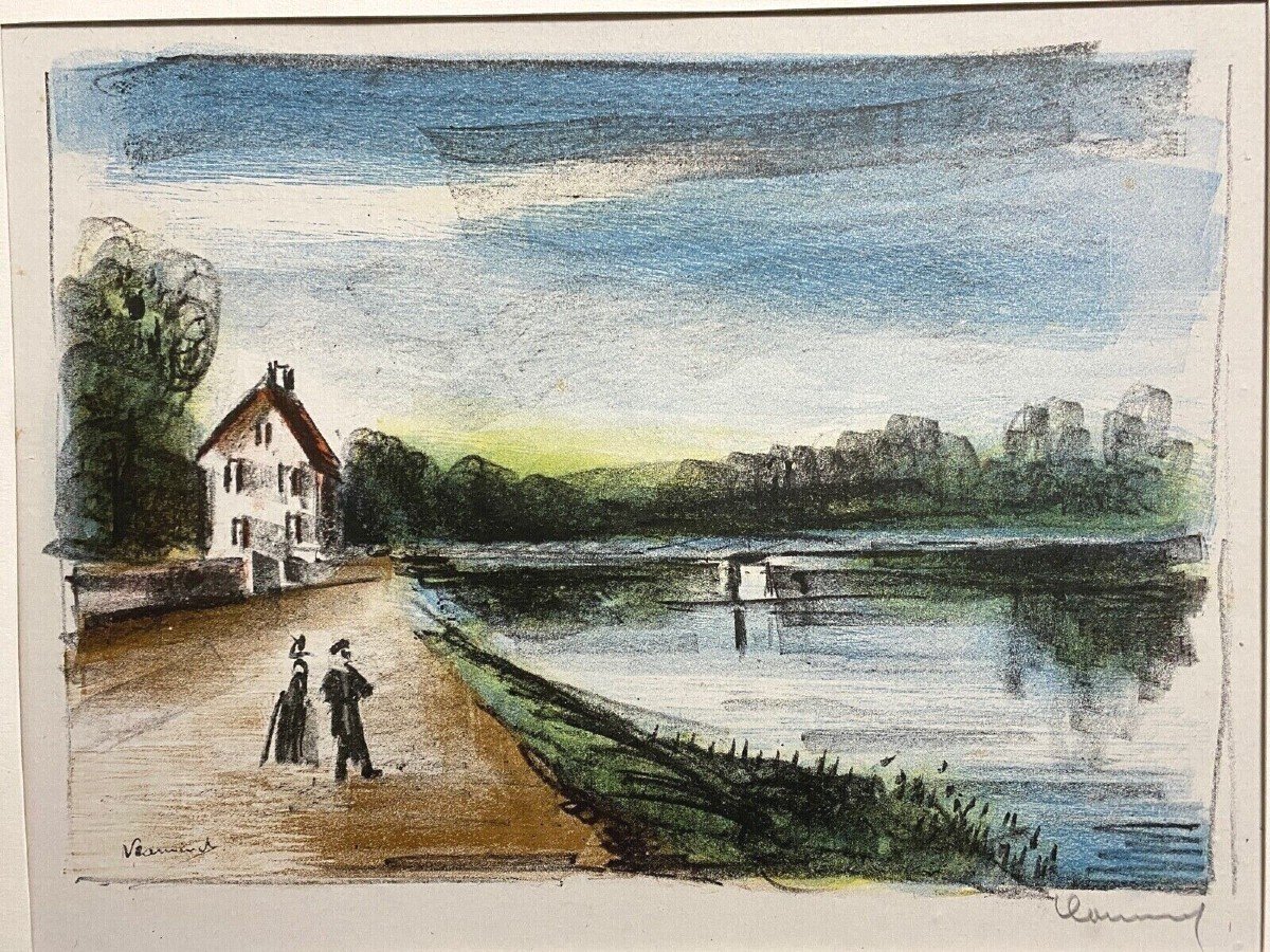 Lithographie originale épreuve signée Maurice Vlaminck bord de rivière