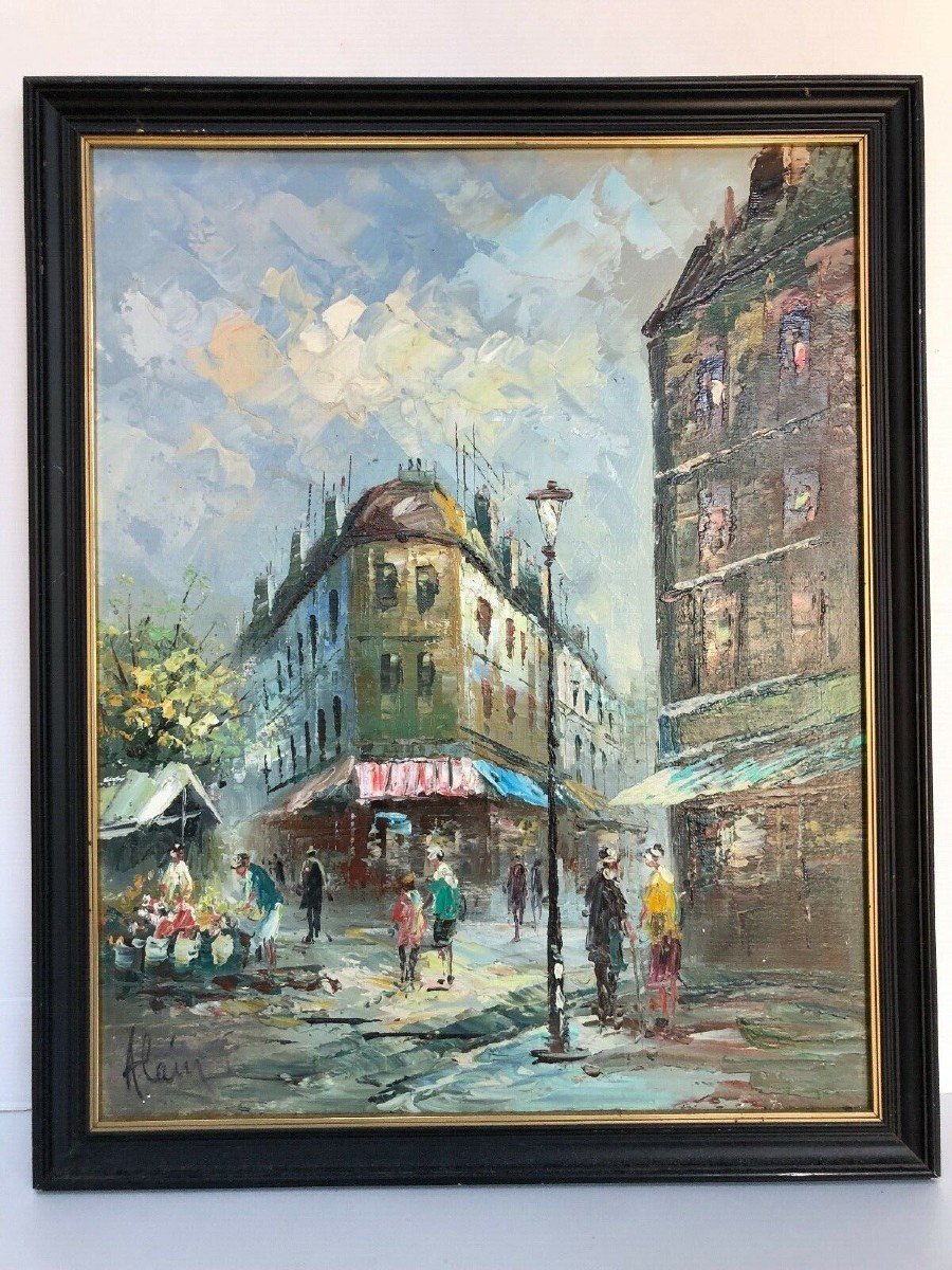 Oil On Wood By Alain Parisian Scene Flower Market 1960-photo-2