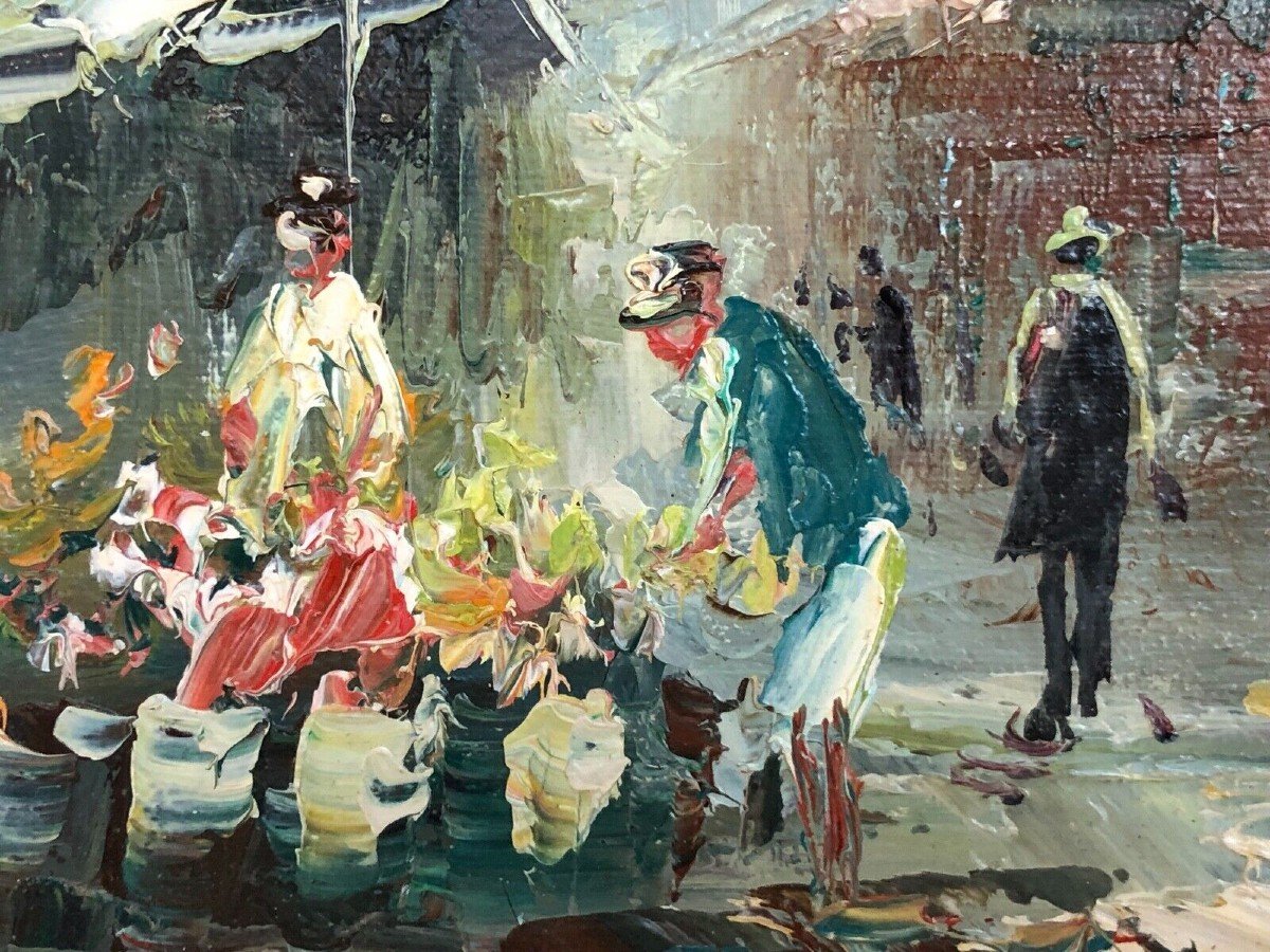 Oil On Wood By Alain Parisian Scene Flower Market 1960-photo-4