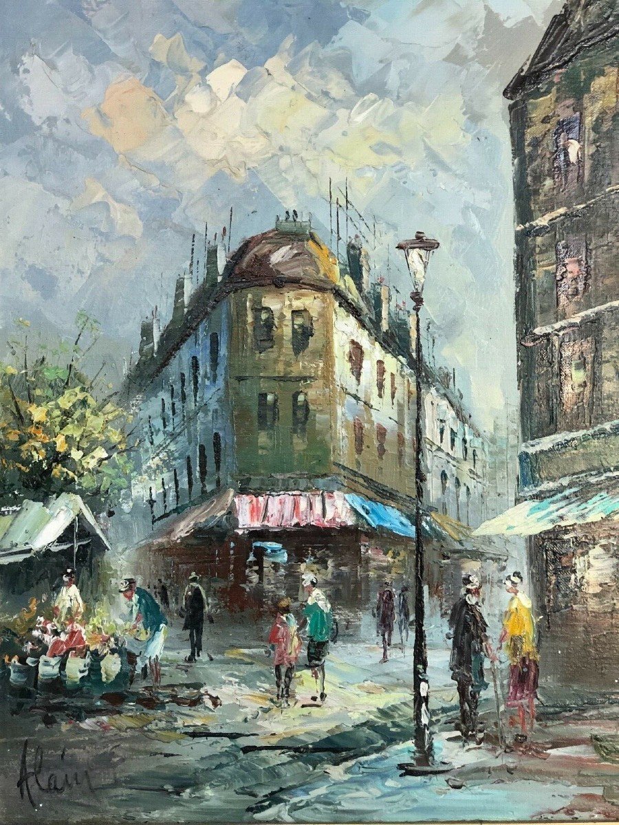 Oil On Wood By Alain Parisian Scene Flower Market 1960