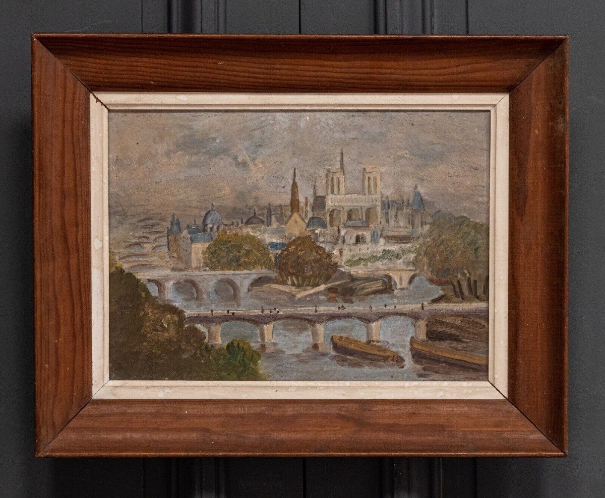 Oil On Canvas Paris At The Beginning Of The 20th Century Natural Wood Frame