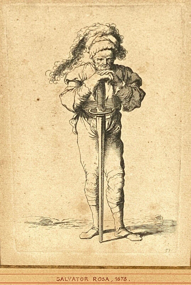 Gravure Salvator Rosa 1673 numérotée 53 guerrier soldat debout épée A4465-photo-2