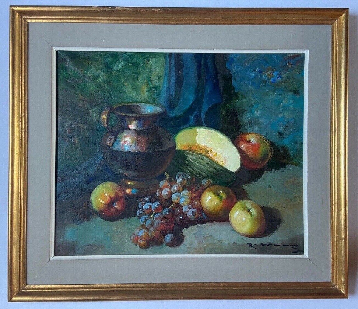 Huile sur toile nature morte aux fruits 1950