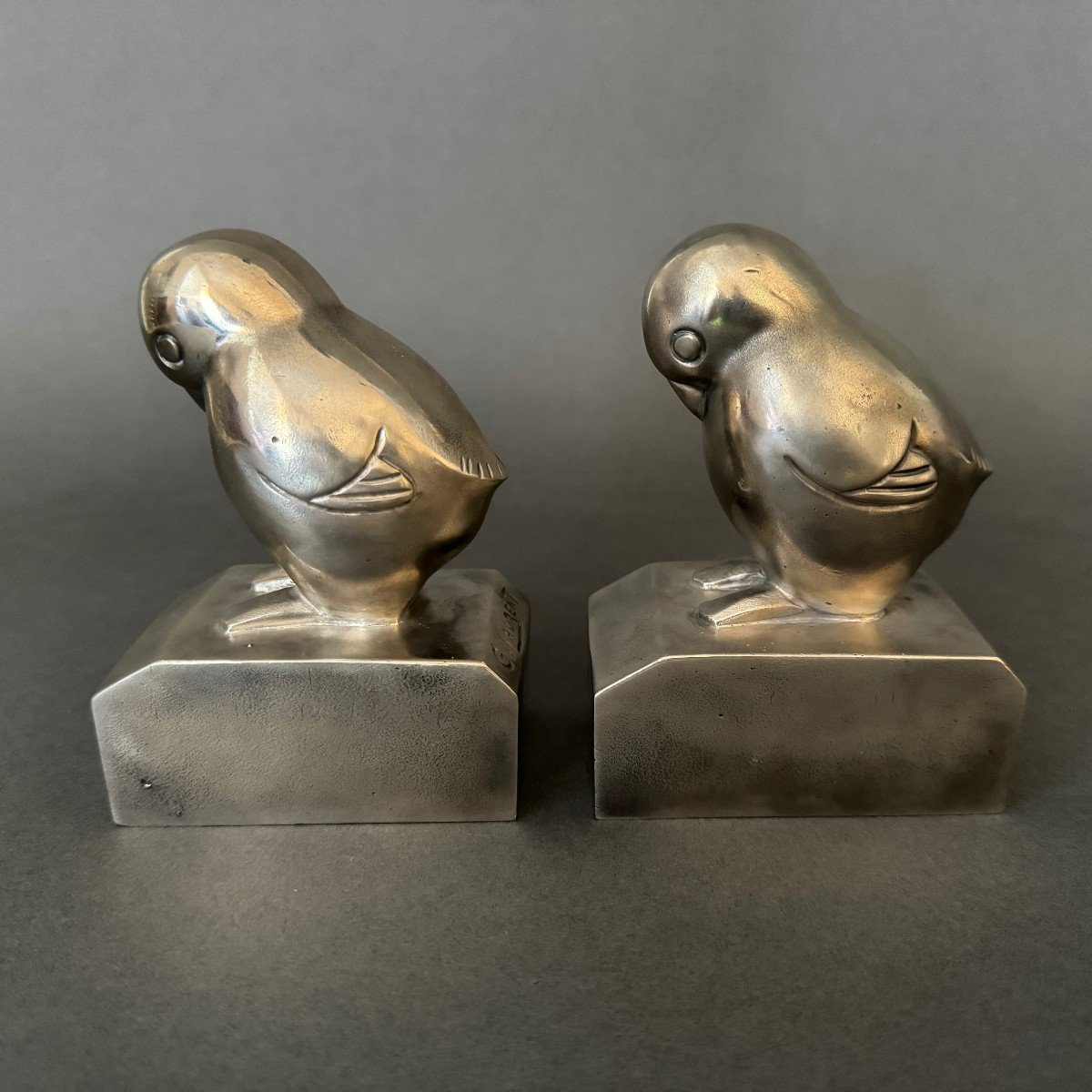 Pair Of Art Deco Bookends By G. Laurent Silver-plated Bronze Birds-photo-2