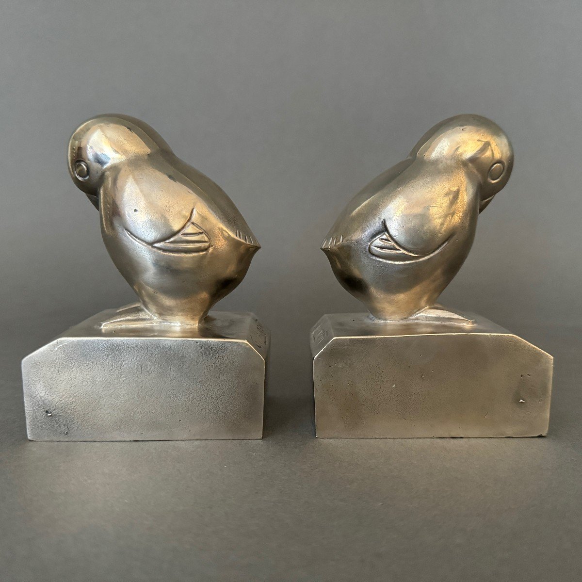 Pair Of Art Deco Bookends By G. Laurent Silver-plated Bronze Birds-photo-3