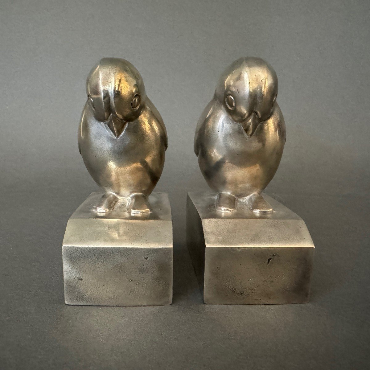 Pair Of Art Deco Bookends By G. Laurent Silver-plated Bronze Birds-photo-4