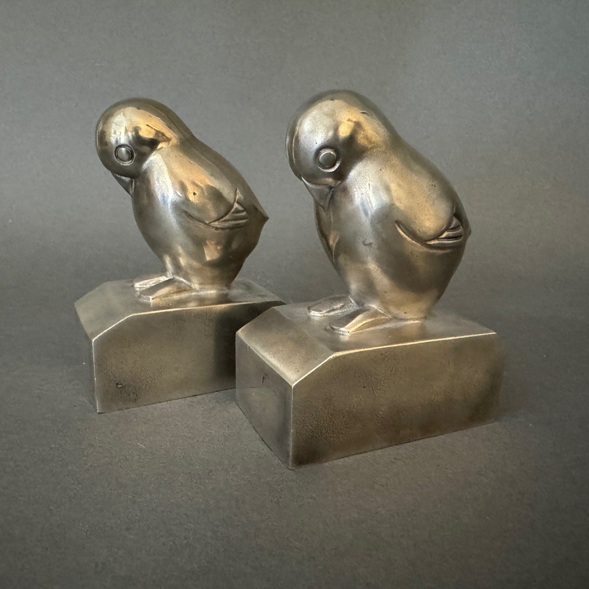 Pair Of Art Deco Bookends By G. Laurent Silver-plated Bronze Birds-photo-1