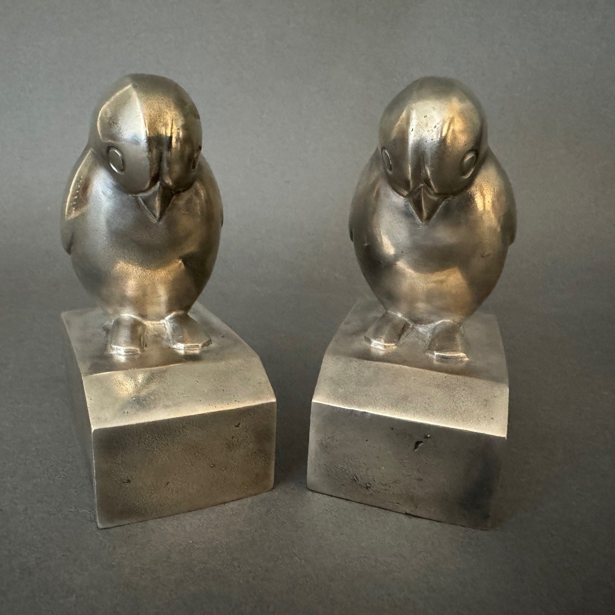 Pair Of Art Deco Bookends By G. Laurent Silver-plated Bronze Birds-photo-3