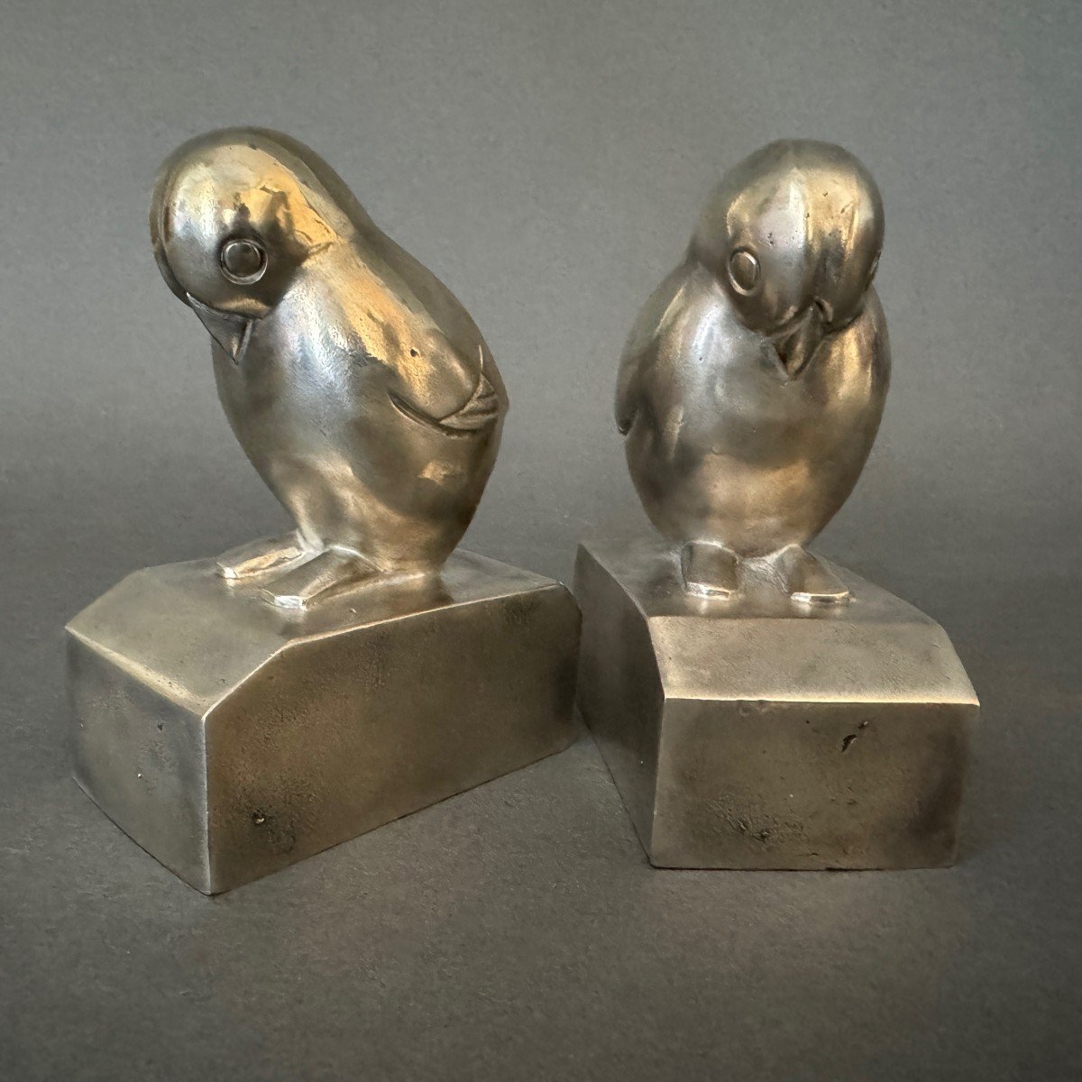 Pair Of Art Deco Bookends By G. Laurent Silver-plated Bronze Birds-photo-4