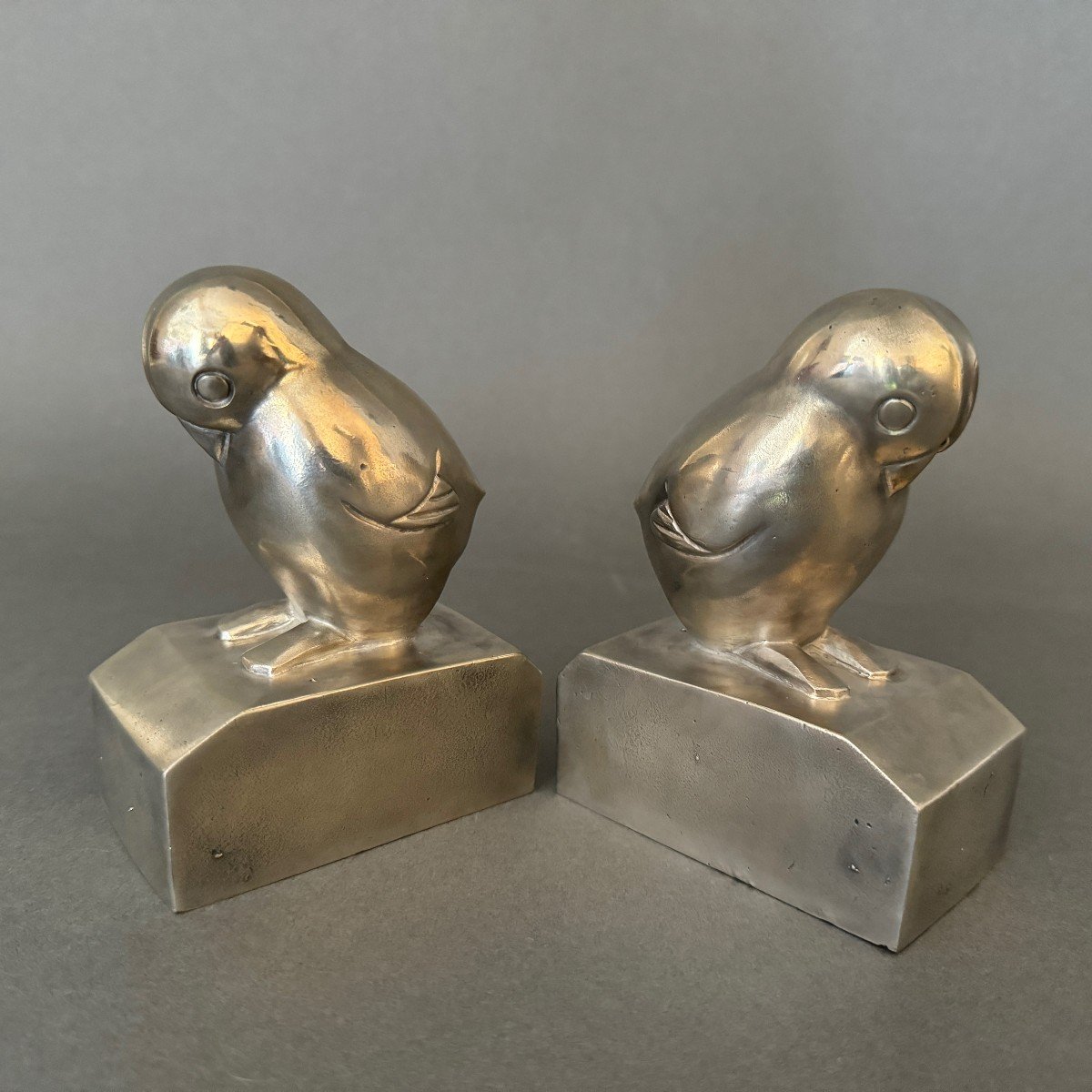 Pair Of Art Deco Bookends By G. Laurent Silver-plated Bronze Birds-photo-6