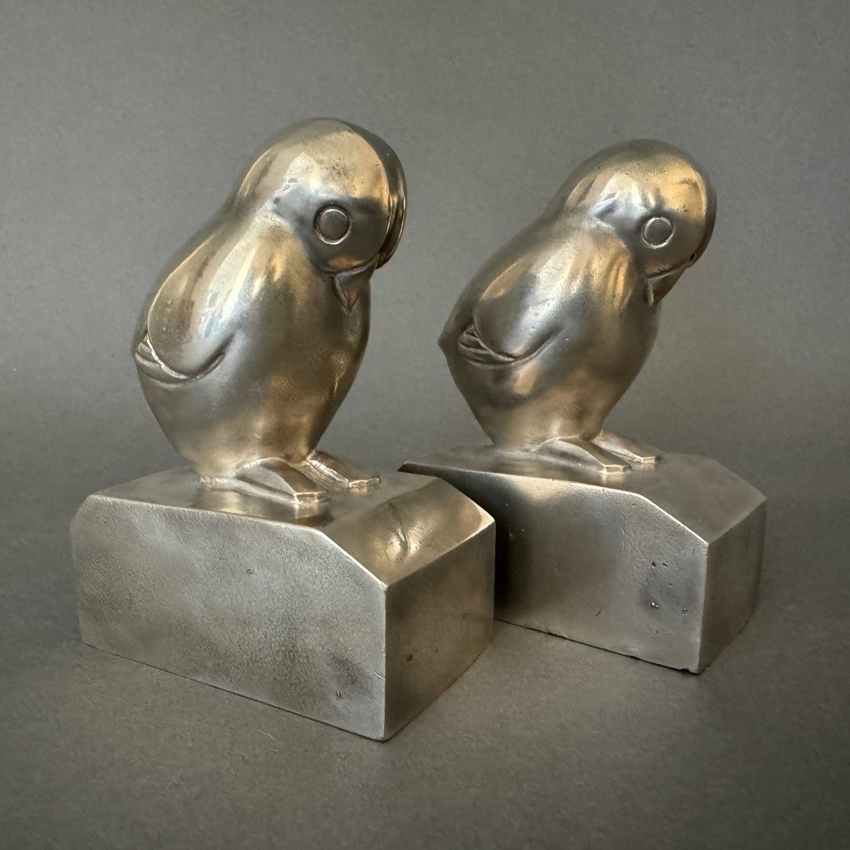 Pair Of Art Deco Bookends By G. Laurent Silver-plated Bronze Birds