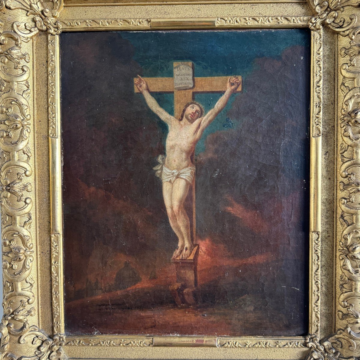 Huile sur toile Christ en croix par Marchand pour sœur Angélique 1791-photo-4