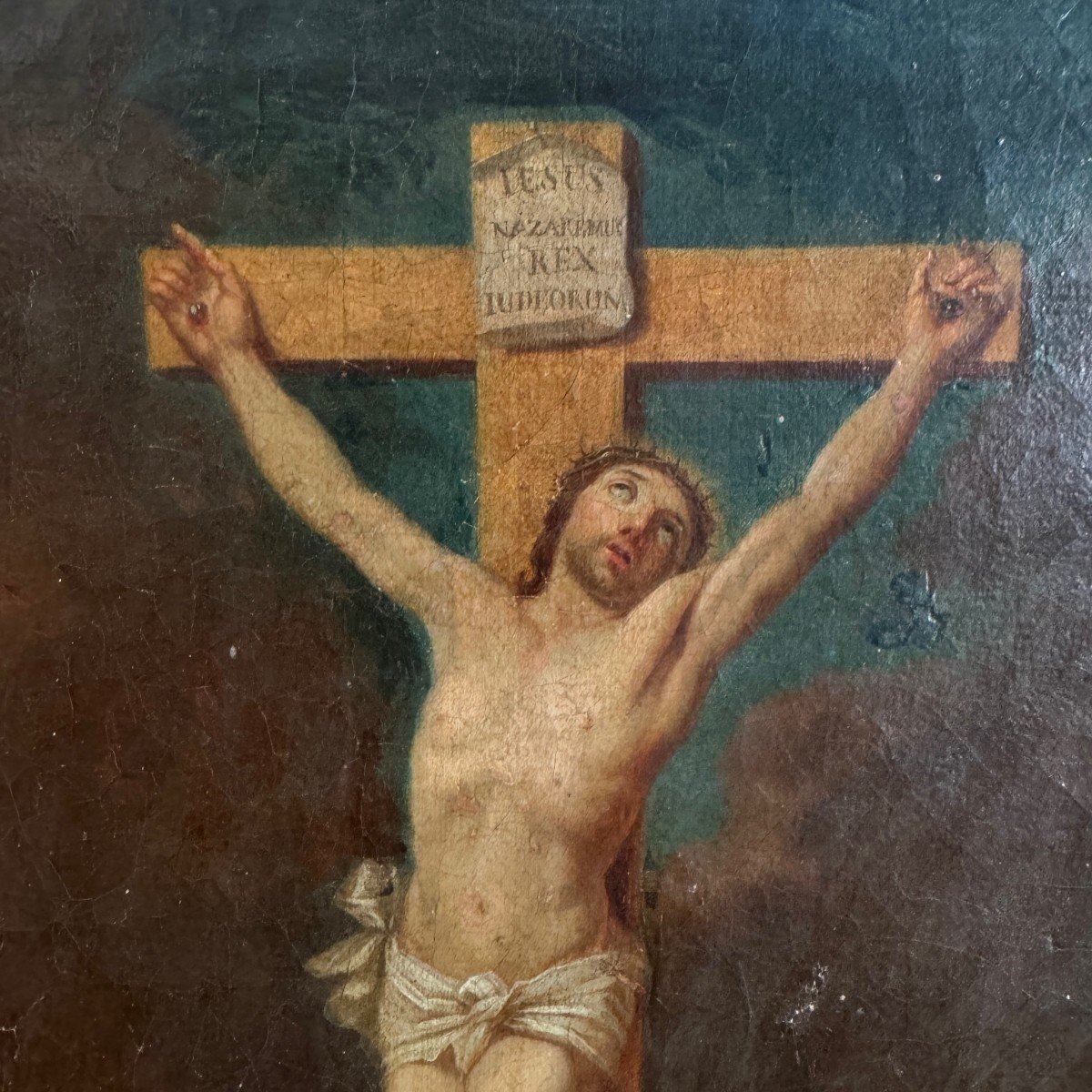 Huile sur toile Christ en croix par Marchand pour sœur Angélique 1791-photo-3