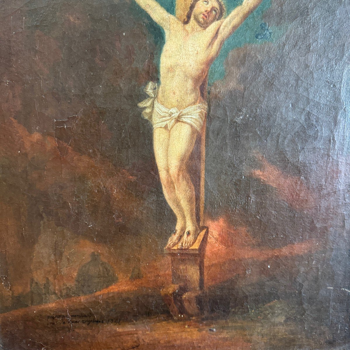 Huile sur toile Christ en croix par Marchand pour sœur Angélique 1791-photo-4