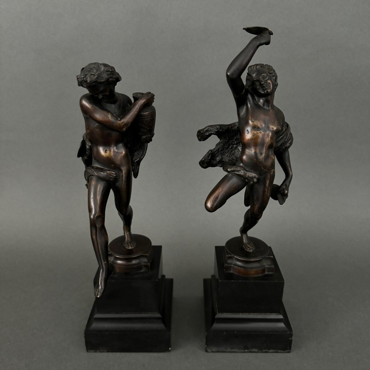 Pair Of 19th Century Bronze Statues 2 Subjects In Antique Style Black Marble Base-photo-2