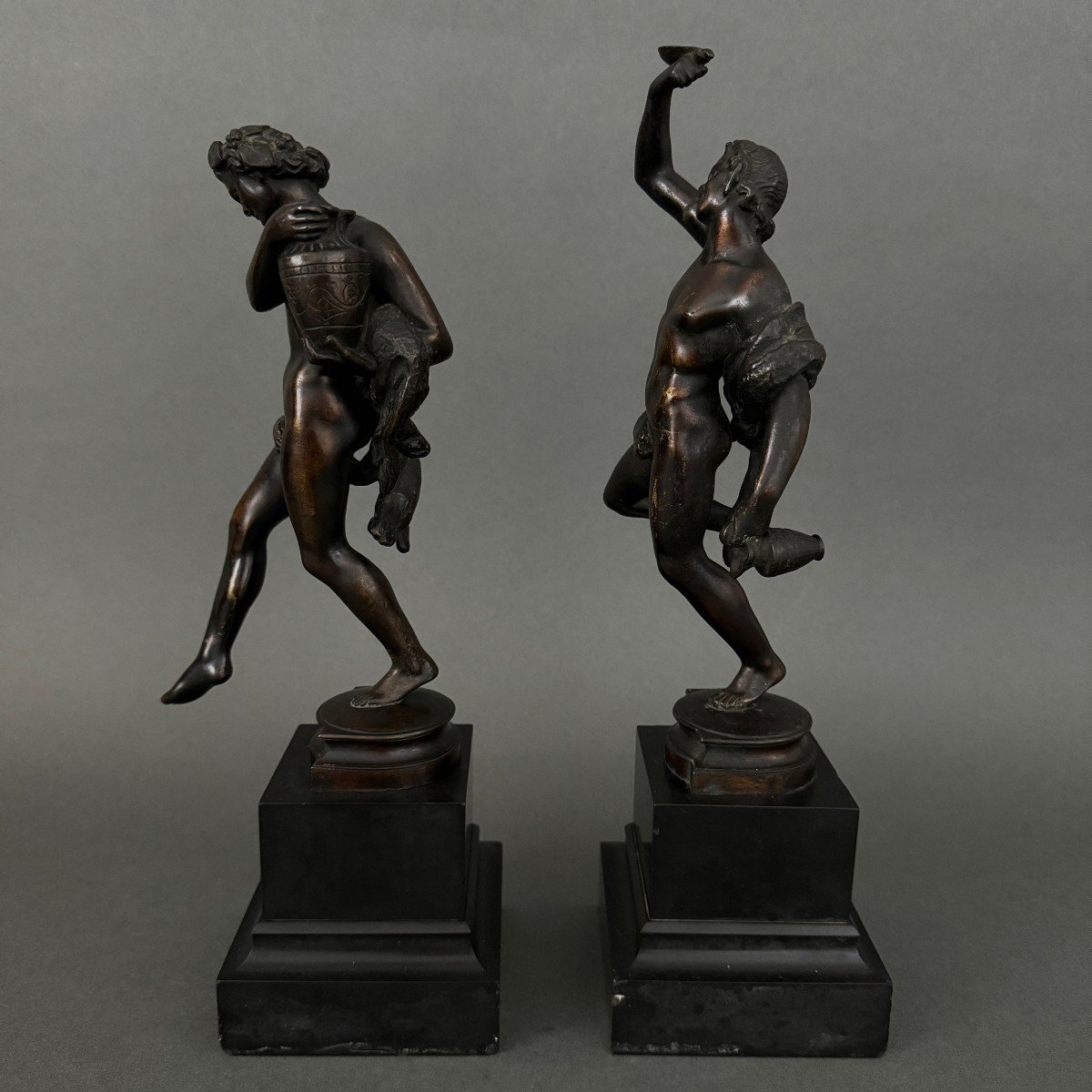 Pair Of 19th Century Bronze Statues 2 Subjects In Antique Style Black Marble Base-photo-3