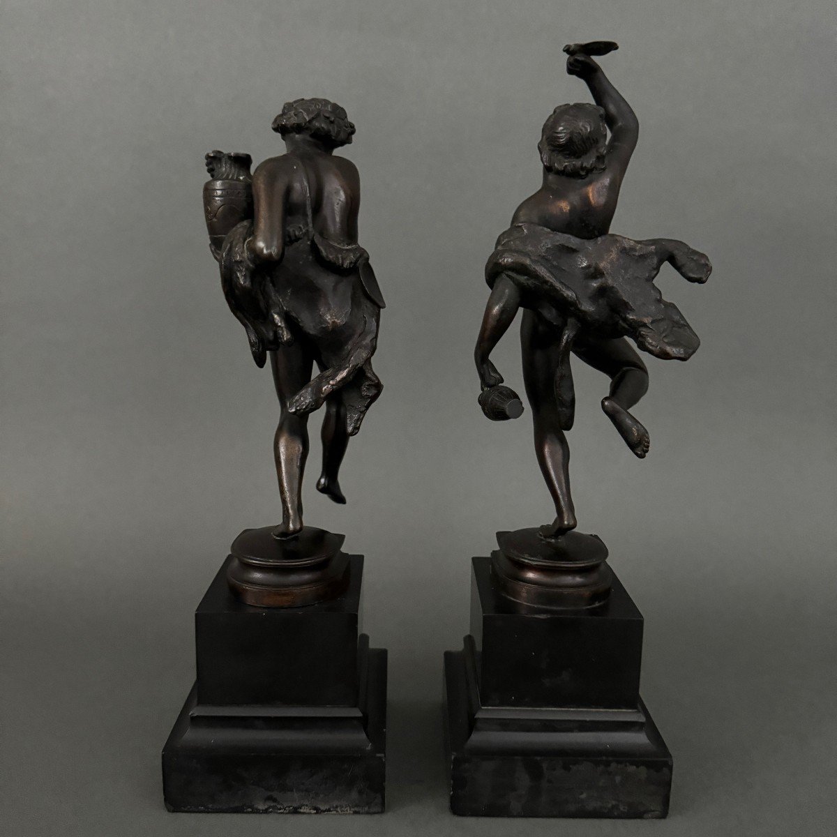 Pair Of 19th Century Bronze Statues 2 Subjects In Antique Style Black Marble Base-photo-4