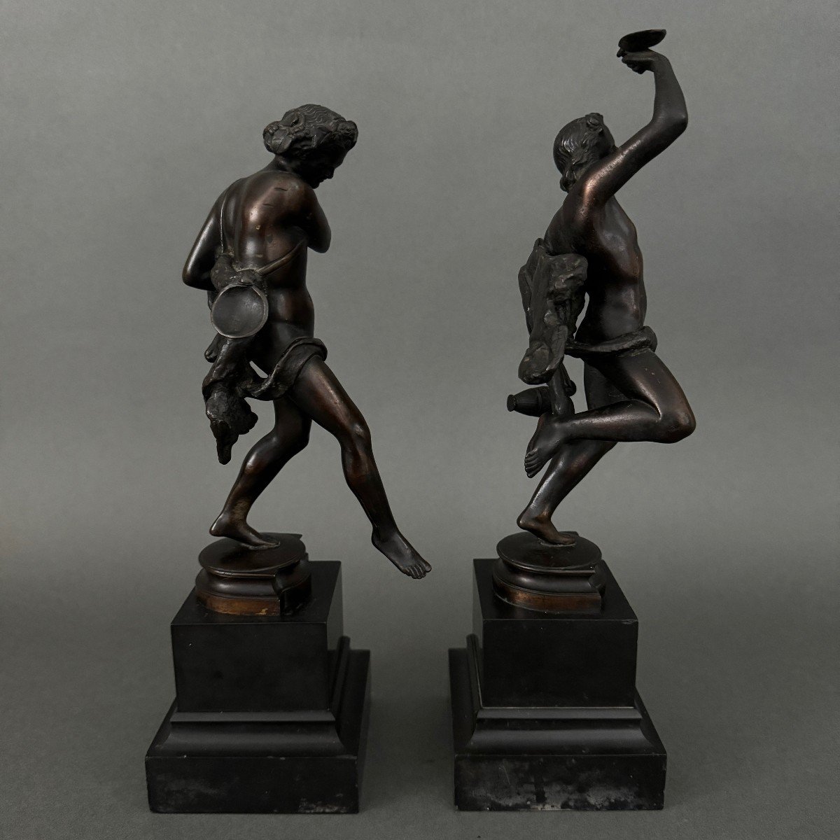 Pair Of 19th Century Bronze Statues 2 Subjects In Antique Style Black Marble Base-photo-1