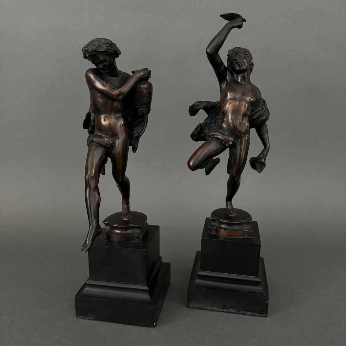 Pair Of 19th Century Bronze Statues 2 Subjects In Antique Style Black Marble Base-photo-2