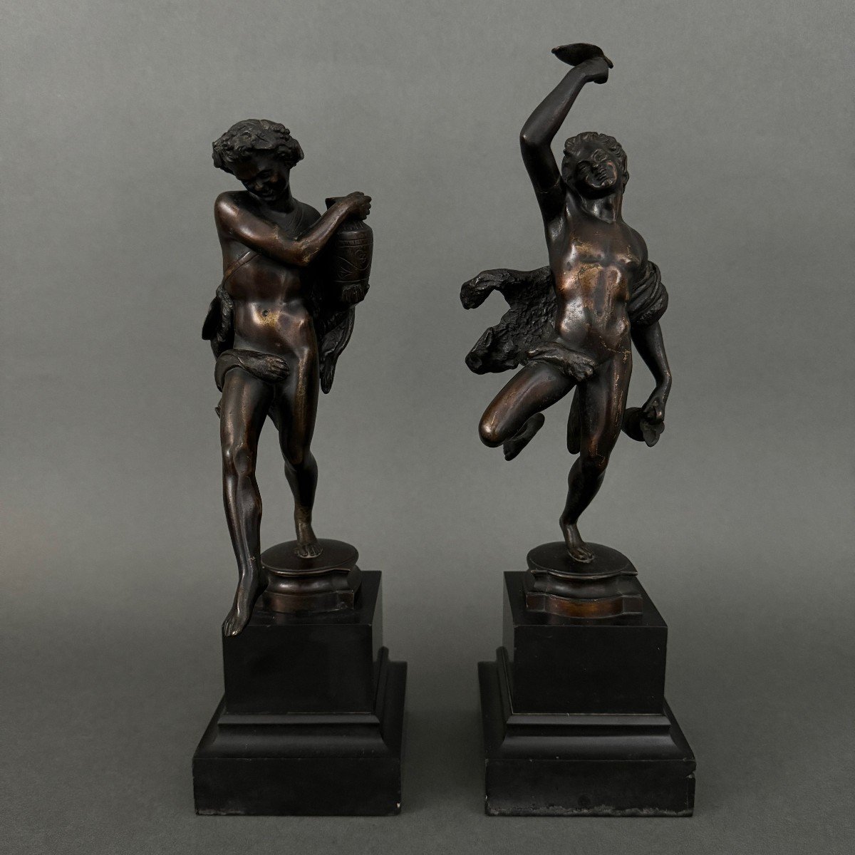 Pair Of 19th Century Bronze Statues 2 Subjects In Antique Style Black Marble Base