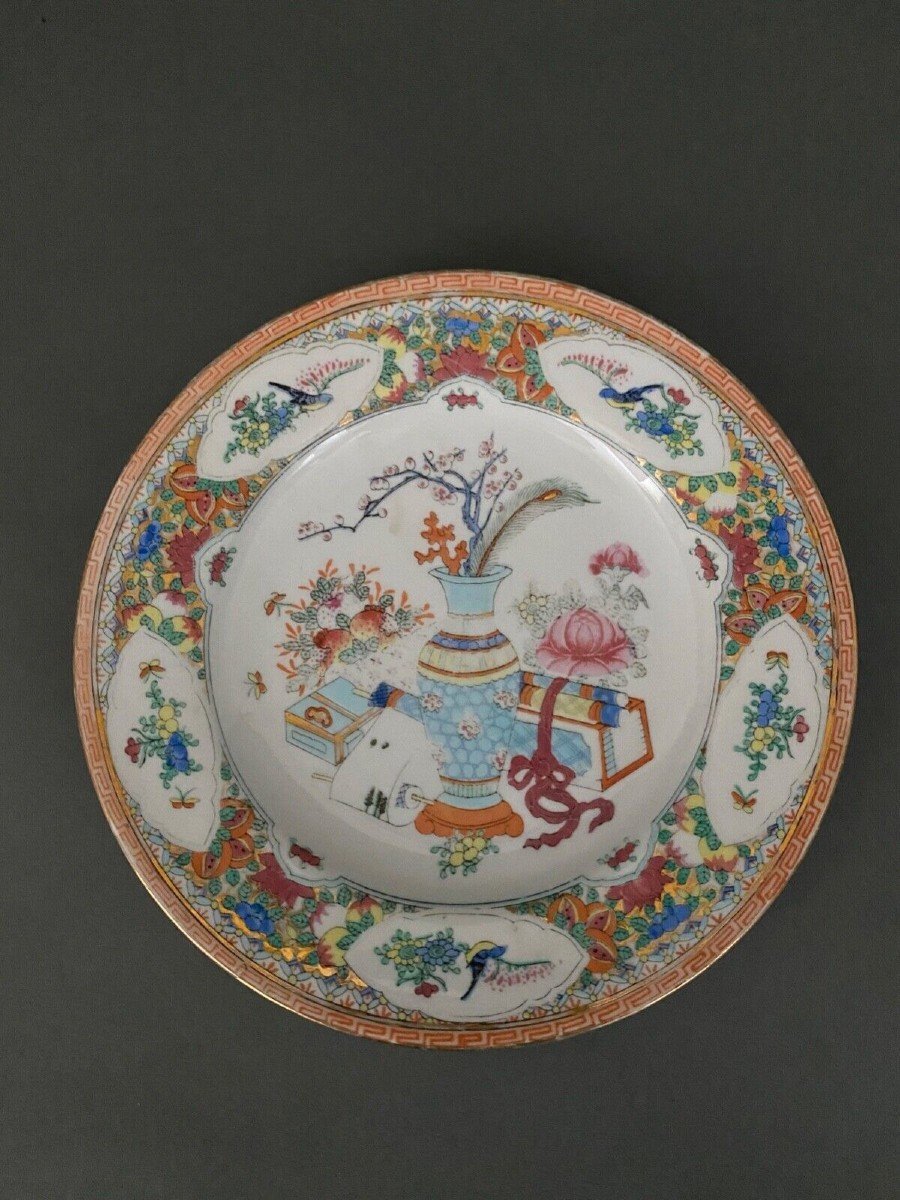 Flat Plate China 1900 Red Stamp Floral Decoration-photo-2