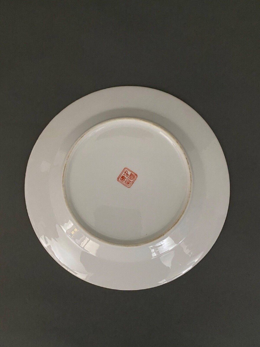 Flat Plate China 1900 Red Stamp Floral Decoration-photo-3