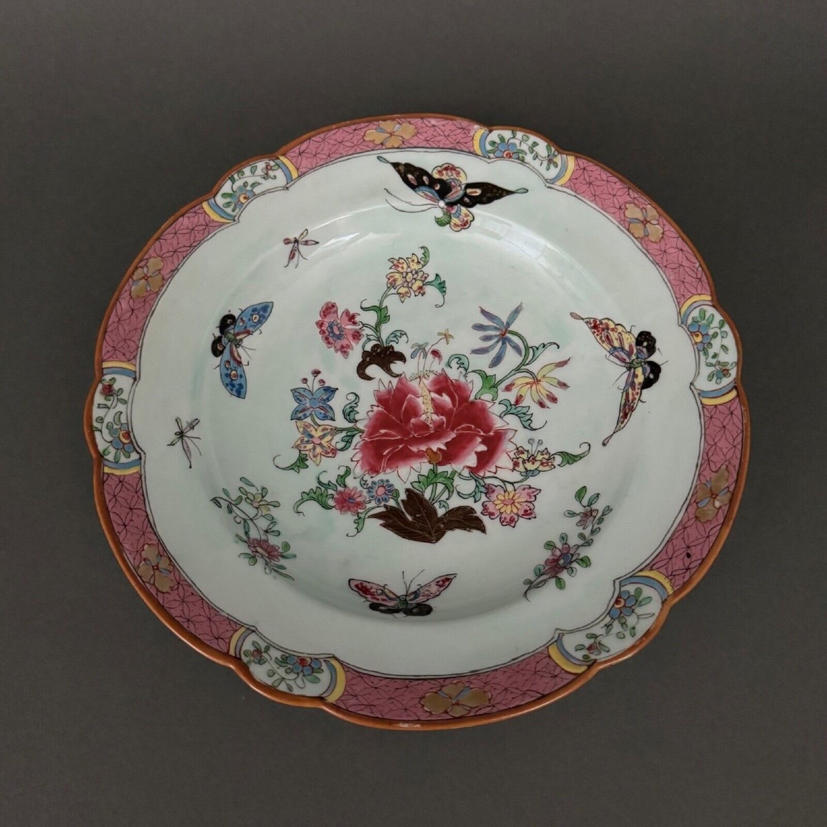 China Plate With 19th Century Signature Decorated With Butterflies And Vegetation