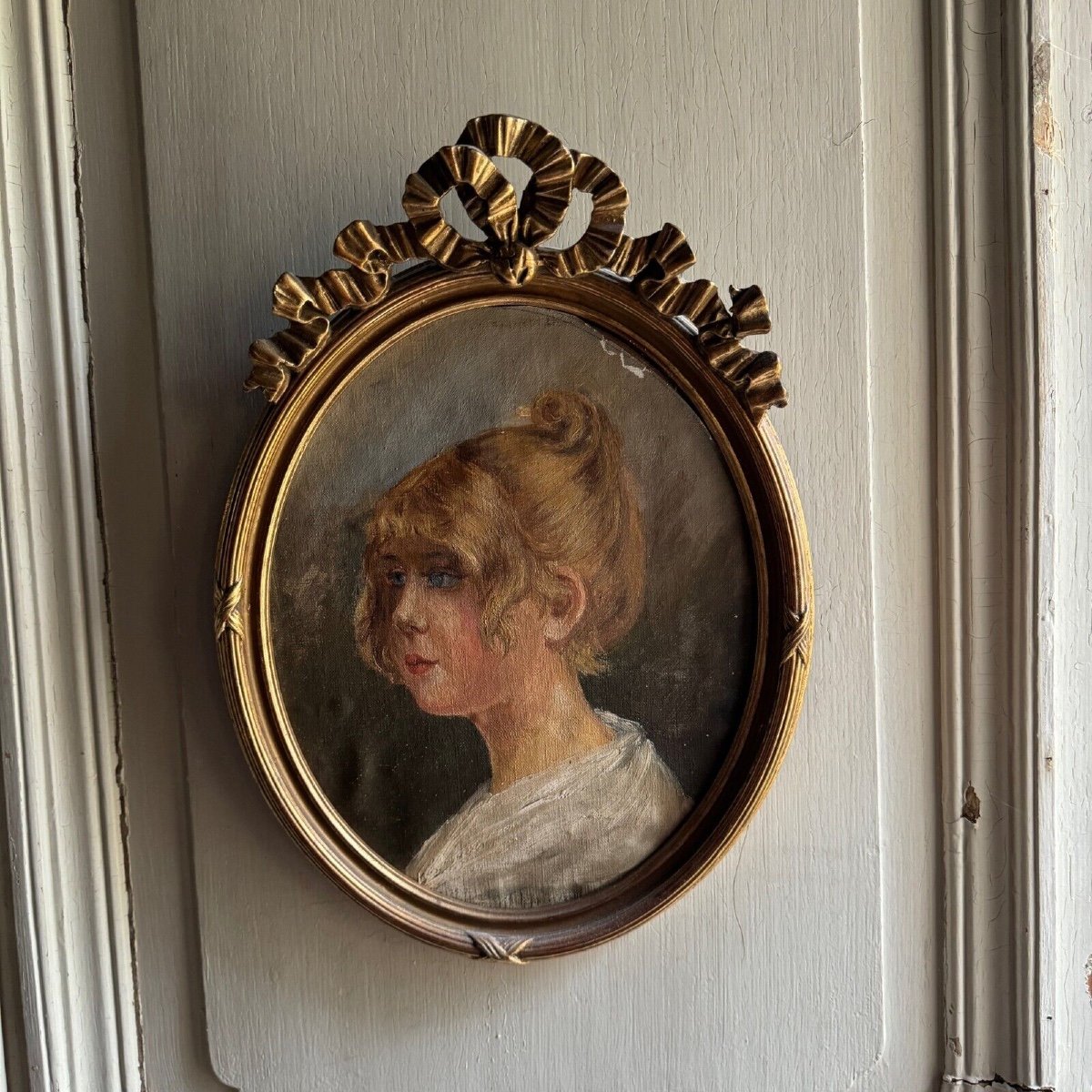 Oil On Cardboard Portrait Of A Young Girl With Blond Hair, Early 20th Century-photo-2