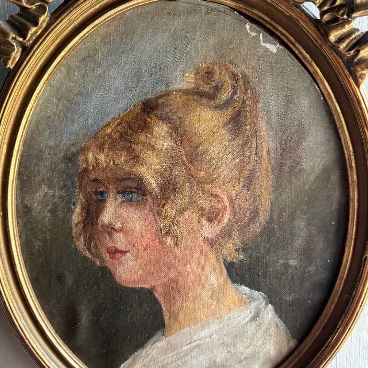 Oil On Cardboard Portrait Of A Young Girl With Blond Hair, Early 20th Century-photo-4